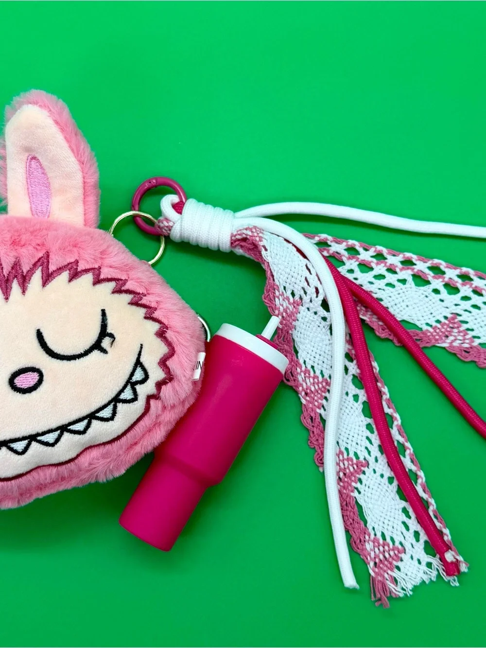 Pink Plush Labubu Keychain Bag Charm with Drink Accessory